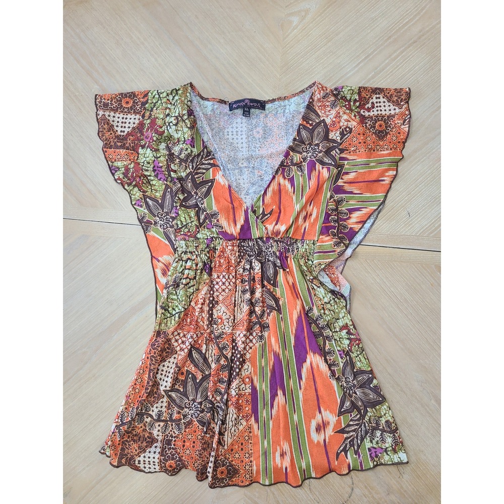 Almost Famous Tunic Top Womens XL Orange Excellent Mixed Print Smocked V-Neck